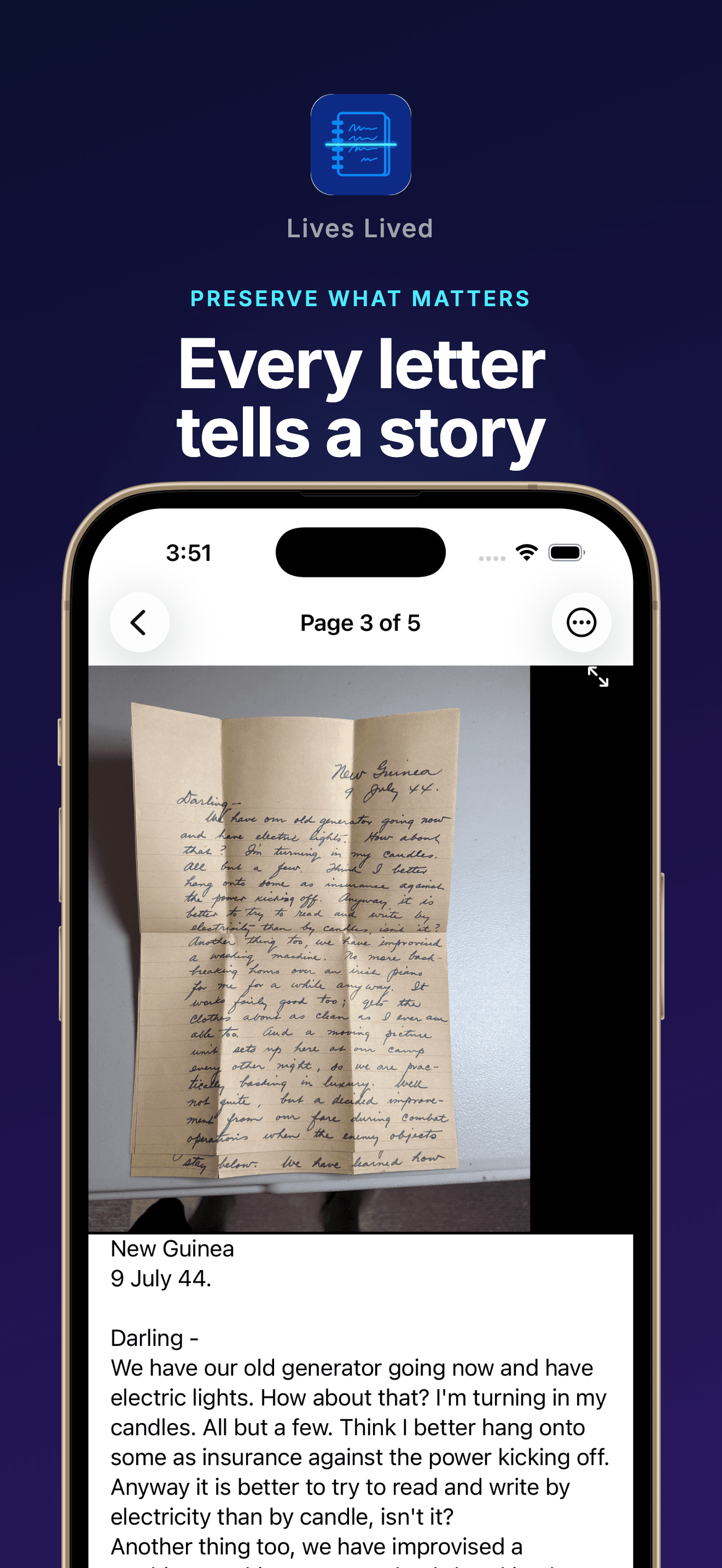 A handwritten 1944 letter from New Guinea in the Lives Lived app with its transcription beneath it