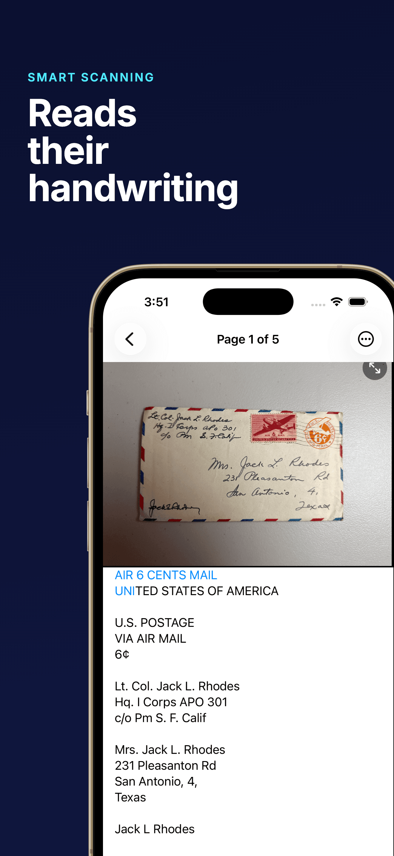 A handwritten envelope with its text in the Lives Lived app