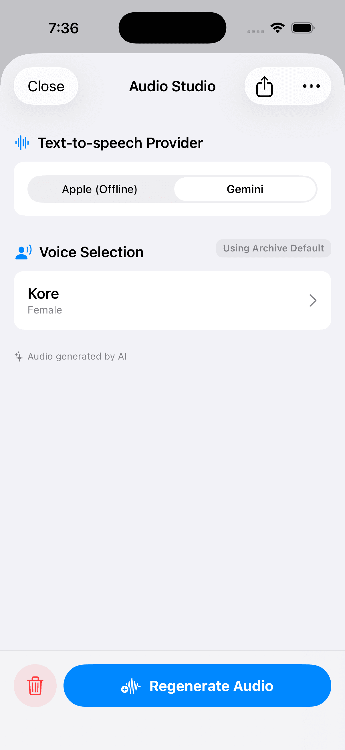 LivesLived audio studio screen with voice and provider controls