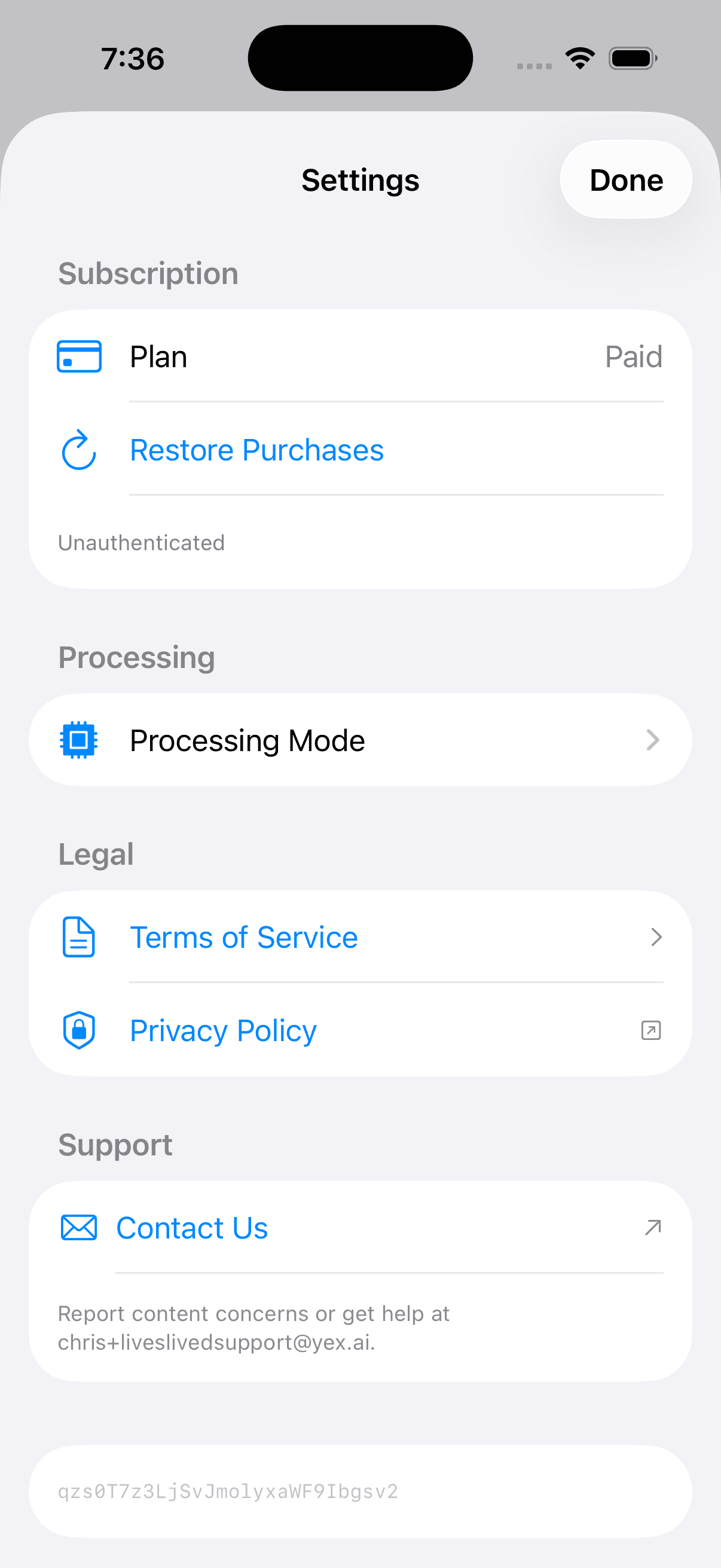 LivesLived settings screen with plan, processing, terms, privacy, and support options