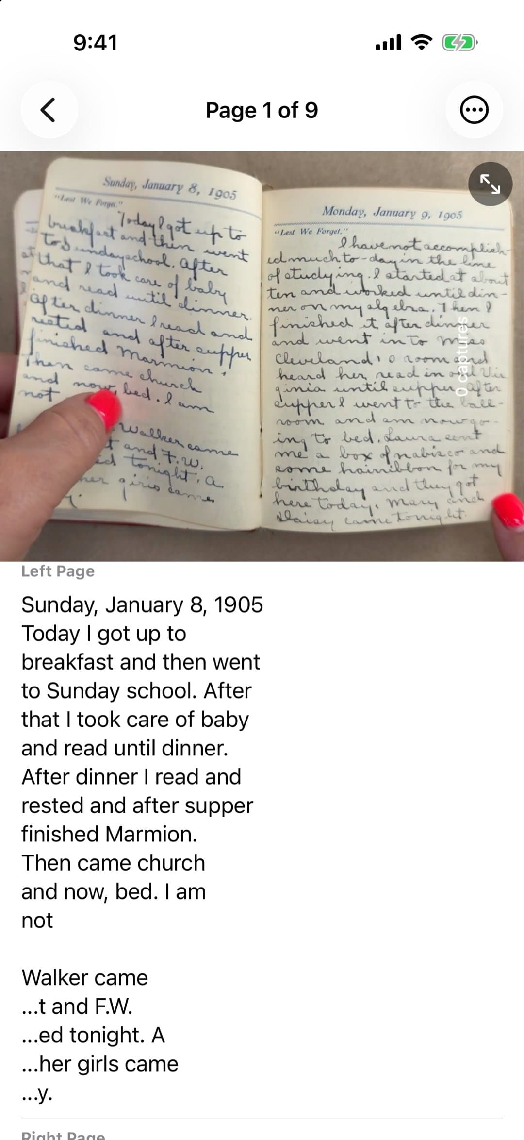 The same diary page in the Lives Lived app with its text below