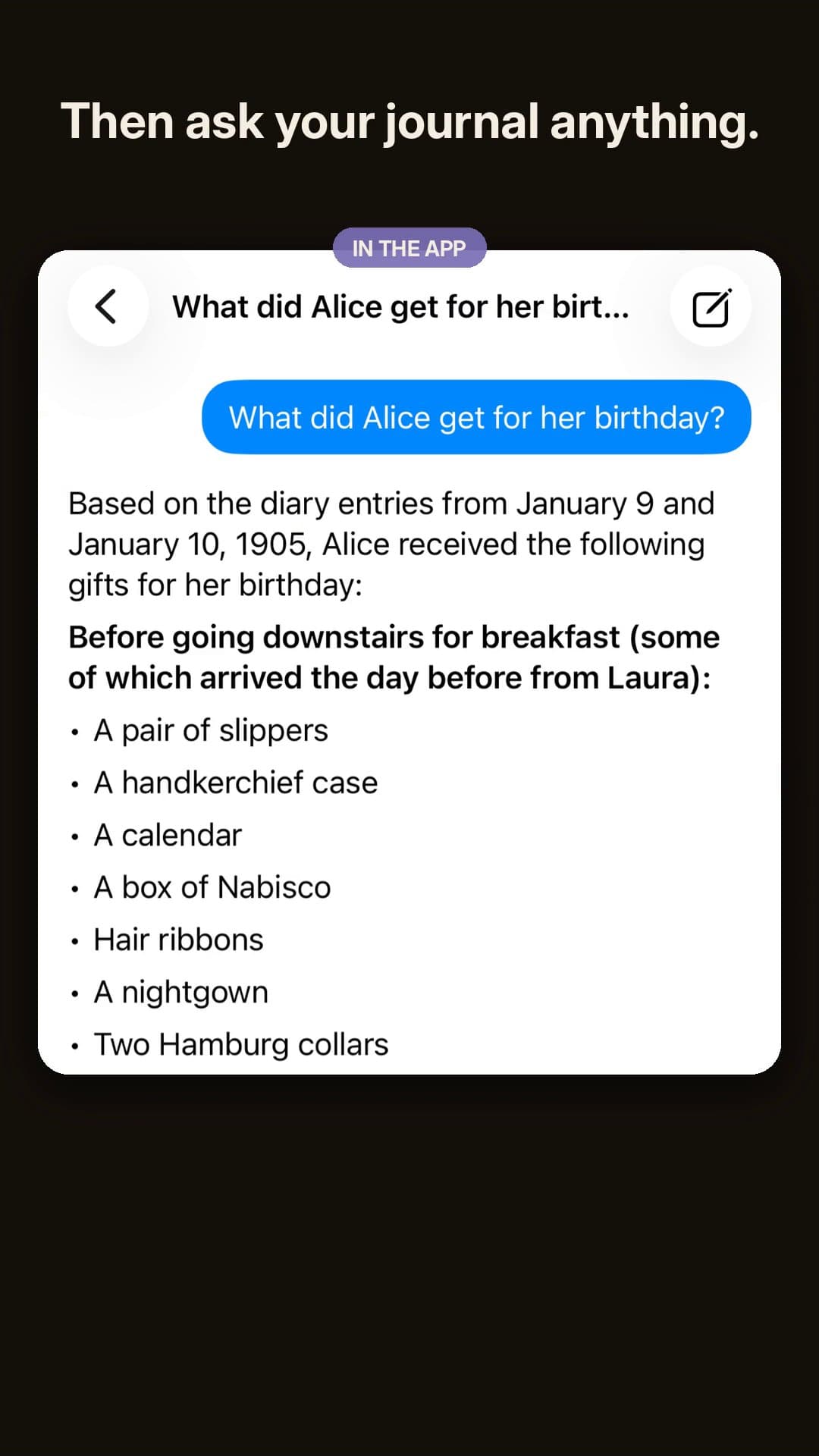 Lives Lived answering a question about a 1905 diary